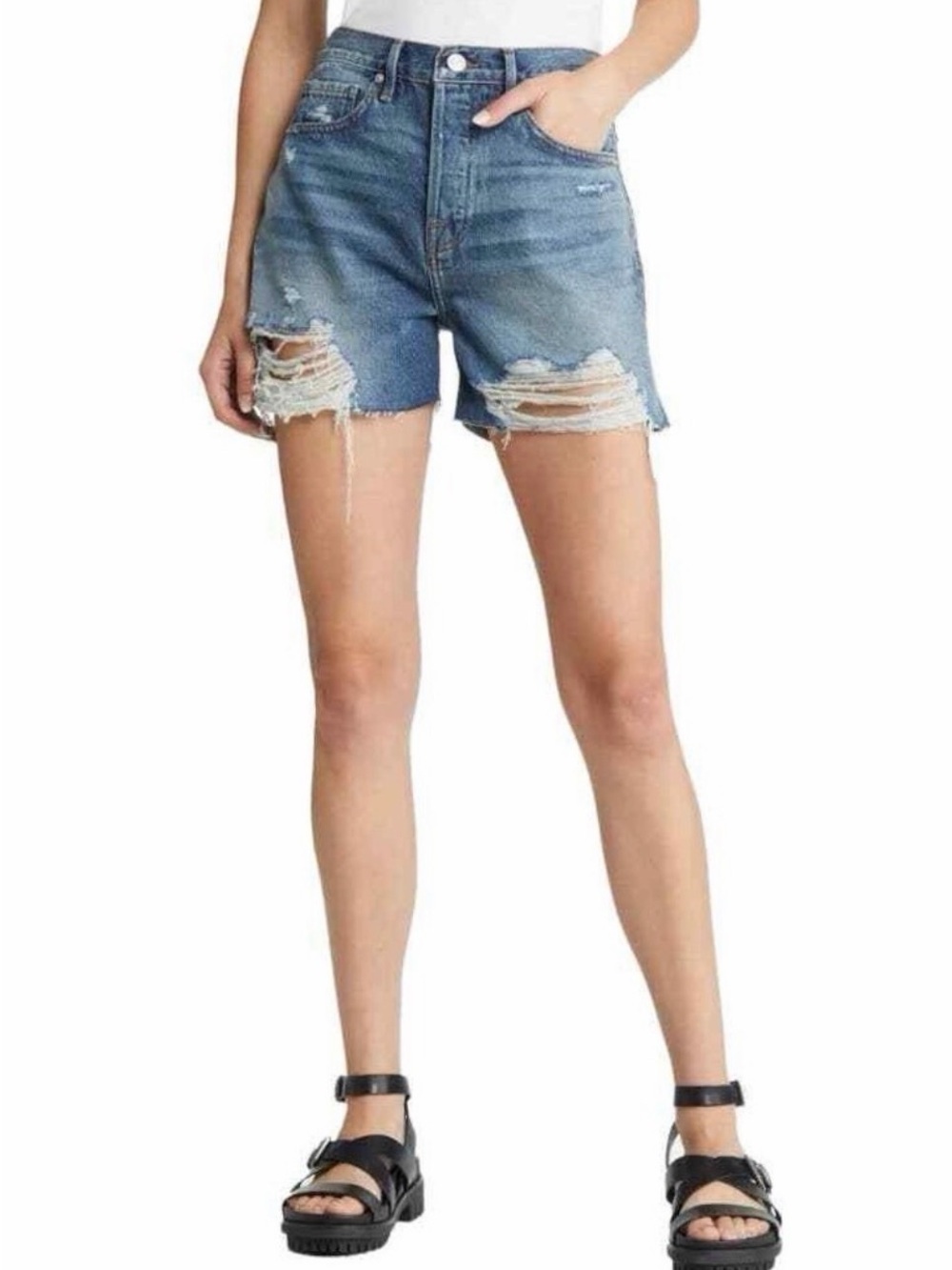 New Women’s FRAME High Rise Vintage Denim Short Fray in Northville Rips Size 26